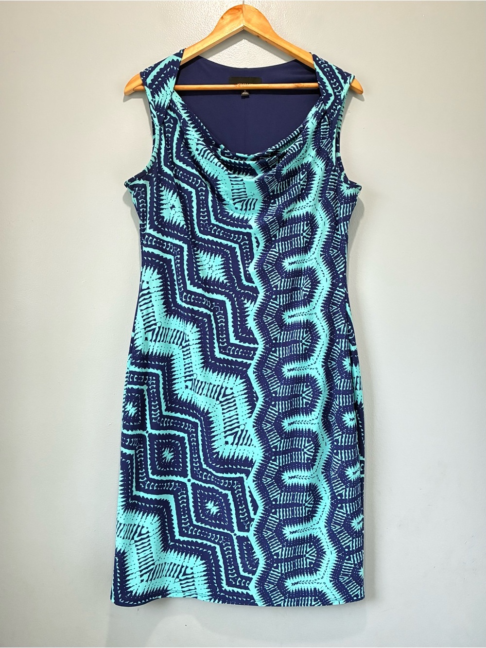 Jones & Co Sleeveless Jersey Stretch Cowl Neck Dress Navy Blue & Teal